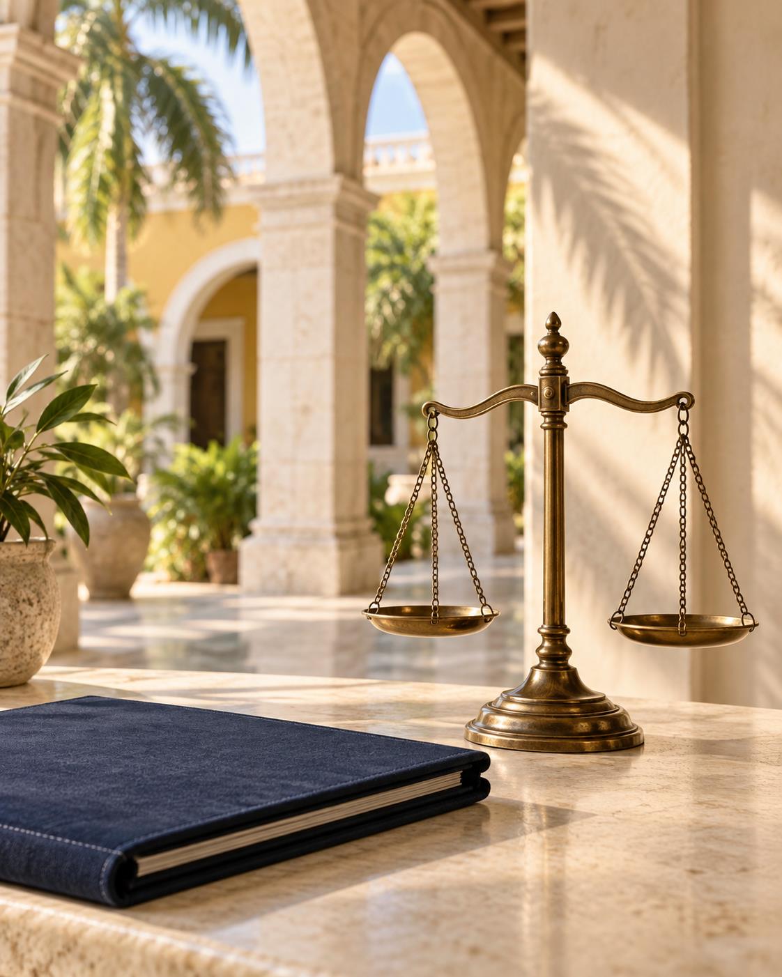 Balanza de justicia sobre una mesa de piedra, en una composición editorial de inspiración yucateca